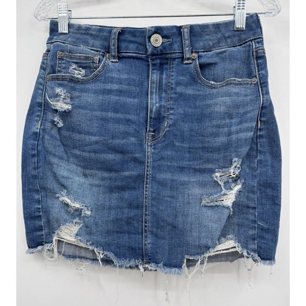 American Eagle Womens 6 Blue Distressed Denim Mini Skirt Super Stretch Y2K Style